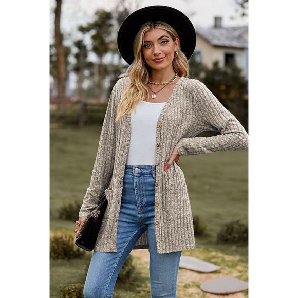 Azura Exchange  Khaki Rib Knit V Neck Button up Cardigan with Pockets - Picture 5 of 6
